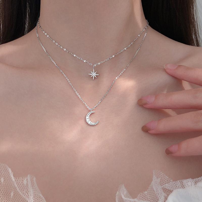 

Pendant Necklaces Simple Stars Double Layer Choker Shiny Zircon Moon Pendants For Women Gift Fine Fashion Jewelry, Silver