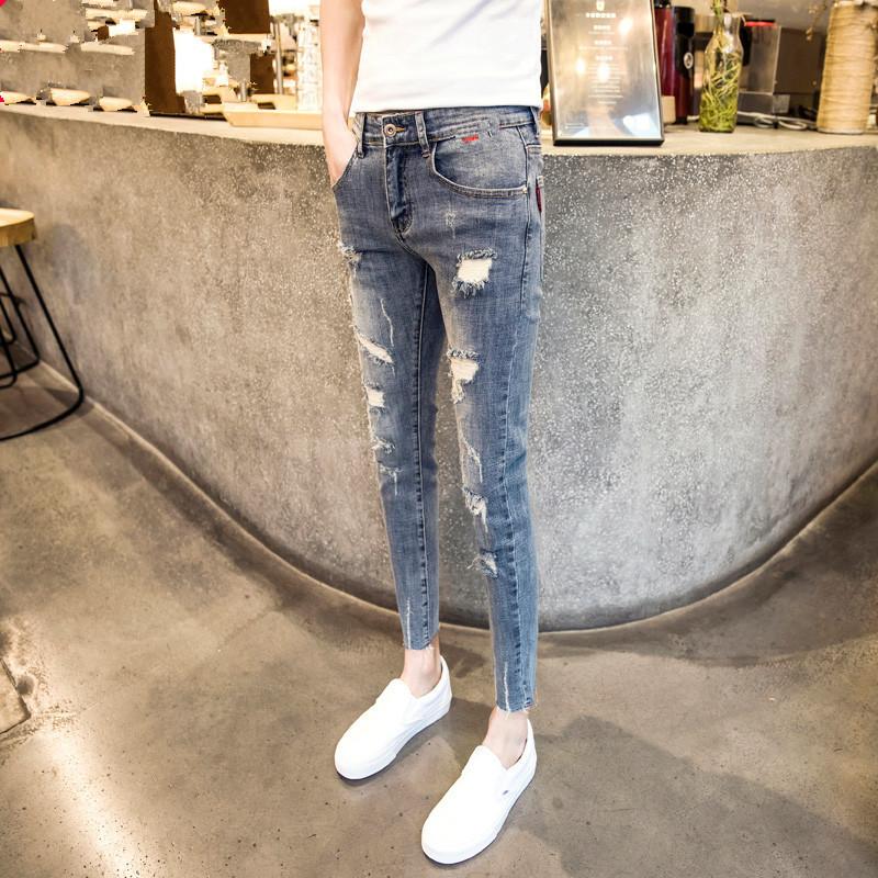 

Wholesale 2021 Fashion Casual teenagers Men's Slim-fit Ripped Denim Stiletto Pants Social Spirit Guy Pants ankle length, Blue