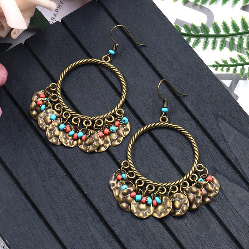 

New Vintage Bohemia Tassel Women's Earrings Big Circle Rice Beads Charm Ethnic Ear Jewelry Female Brinco Wholesale