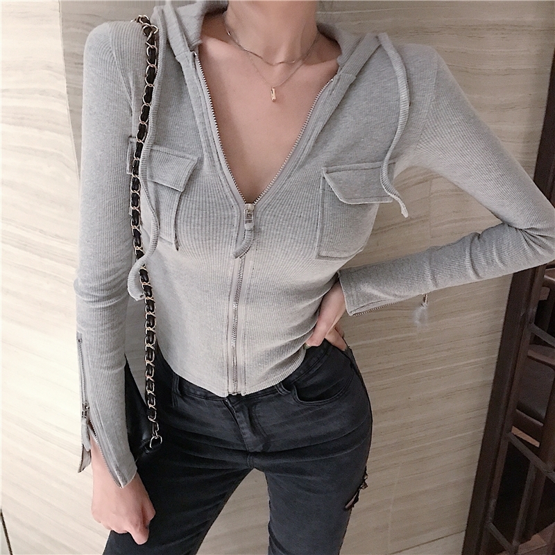 

Korean Clothes Spring Autumn Hooded Pocket Sweater Women Slim Zipper Cardigan Long Sleeve Stretchy Knitted Jumper Tops M9N802 210204, Black sweater