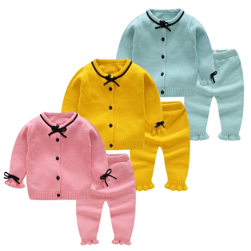 

Baby Knitted Sweater Suit Children's Cotton Clothes Set Boys and Girls Autumn And Winter Long Pants Home Service Newborn Clothes