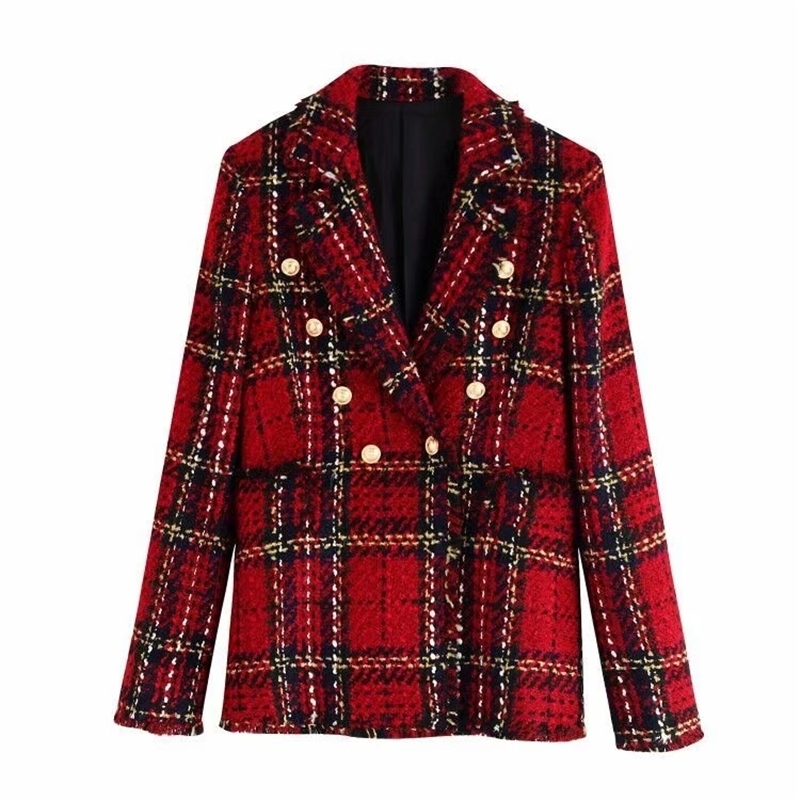 

2021 New Vintage Female Red Plaid Fashion Double Woolen Ladies Breasted Stylish Women's Fashionable Jackets Chic Turtleneck Carving 36OH