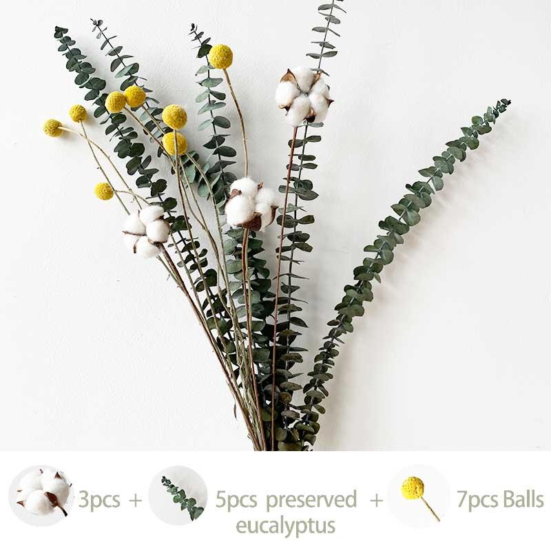 

Natural dried pampas grass flowers Tail Grass Eucalyptus Branches Real cotton flowers Golden billy-Ball wedding, 5 pcs and 6 pcs