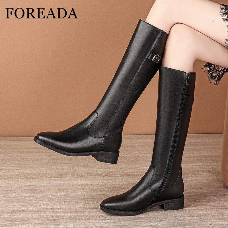 

FOREADA Med Heel Knee High Boots Woman Real Leather Riding Boots Buckle Thick Heel Shoes Zip Square Toe Ladies Long 34-40, Black velvet lining