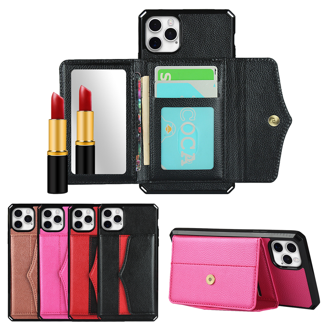 

Premium Mirror Flip PU Wallet Leather Kickstand Shockproof Women Phone Case iPhone 12 11 Pro Xs Max Mini XR X 7 8 Plus, Black
