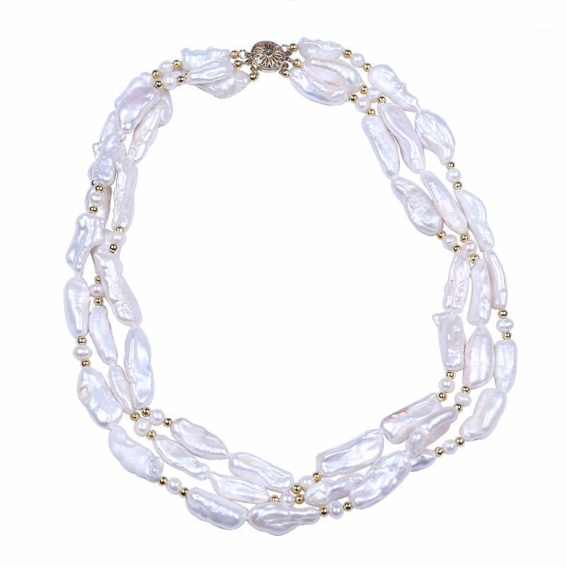 

2020 unique white biwa freshwater pearl necklace irregular flat baroque freshwater pearl 3 layers choker necklace women jewelry1