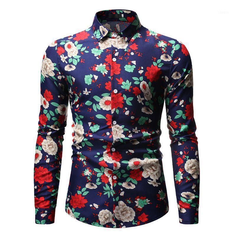 

Hawaiian Shirt 2020 New Men Shirt Fashion Print Loose Men Flower Long Sleeve Casual Camisa Masculina1, Blue