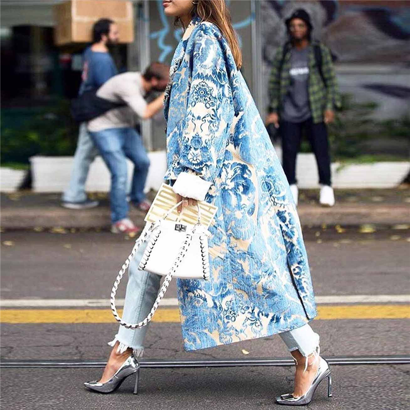 

Fashion- Autumn Womens Floral Pattern Printed Jacket Long Blends Coats Female Elegant Vintage Long Sleeve Party Woman Coats Winter, Rose red