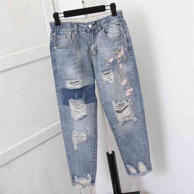 

Plus Size 5xl Women High Waist Jeans Trousers Hole Ripped Embroidery Vintage Mom Jeans Femme Denim Harem Pants Casual Streetwear, Blue