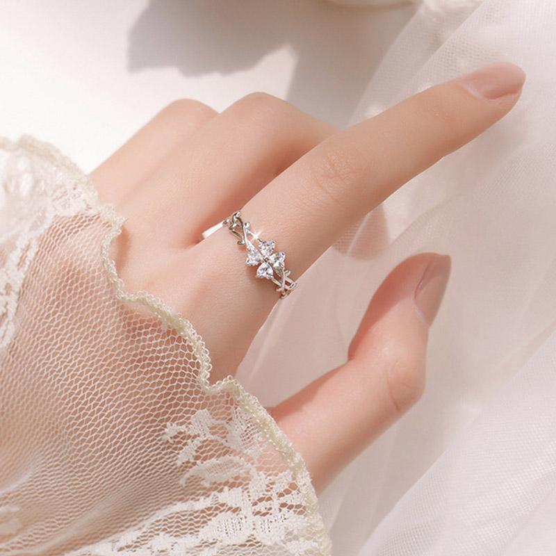 

925 Sterling Silver Four-leaf Clover Flower Ring Dazzling Zircon Opening Adjustable Engagement Ring Wedding Anniversary Gift
