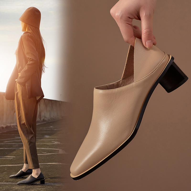 

2021 Female Pumps Shoes Plus Size 22-26cm Upper + Classical Pig Skin Lining All-match Two-wear Slippers 2H08, Black