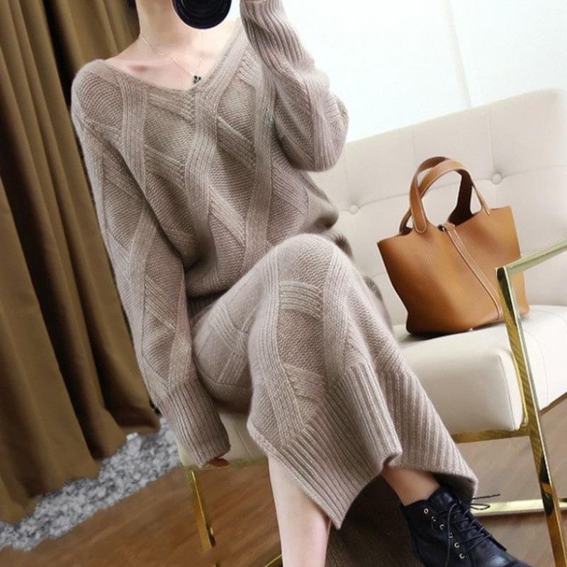 

2021 New autumn and winter women's cashmere sweater women's fashion pullover two sets of loose sweater skirt woolen tide, Round neck camel sui