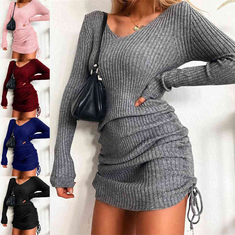 

Women's Dress Knitted Drawstring Sexy Mini Dress Autumn Winter Elegant Fashion V-Neck Long Sleeve Bodycon Party Dresses Female G1223, Black