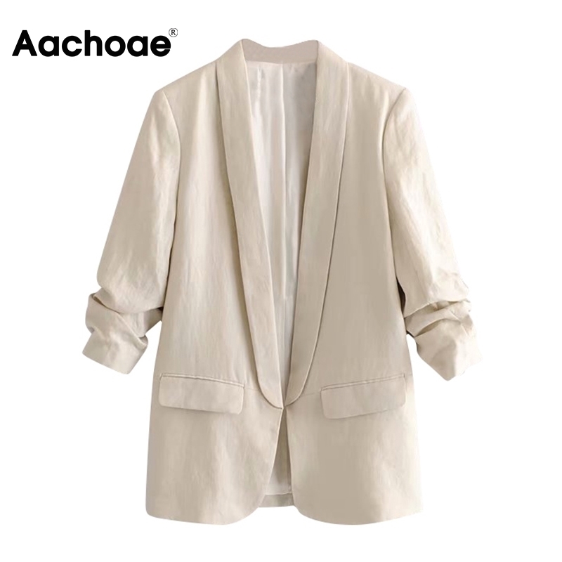 

Aachoae Women Office Wear Blazer Coat Notched Collar Casual Pockets Suit Blazers Solid Pleated Sleeve Chic Outwear Tops 201201, Beige