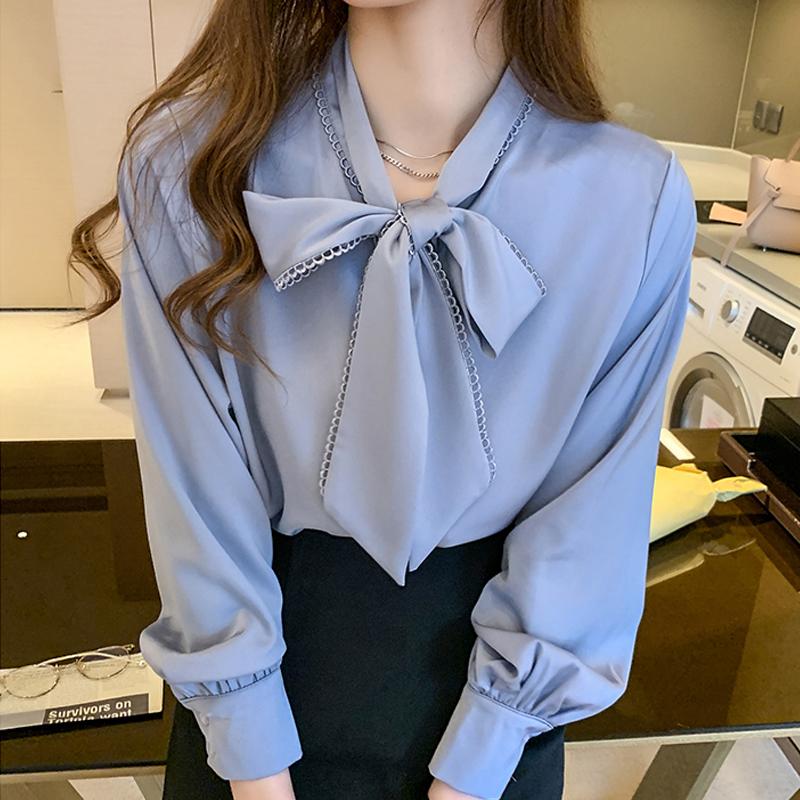 

Autumn Spring 2021 Fashion Tops Korean Style Satin Chiffon Blouse Women Long Sleeve Shirt White Blue Bow Women' Clothing