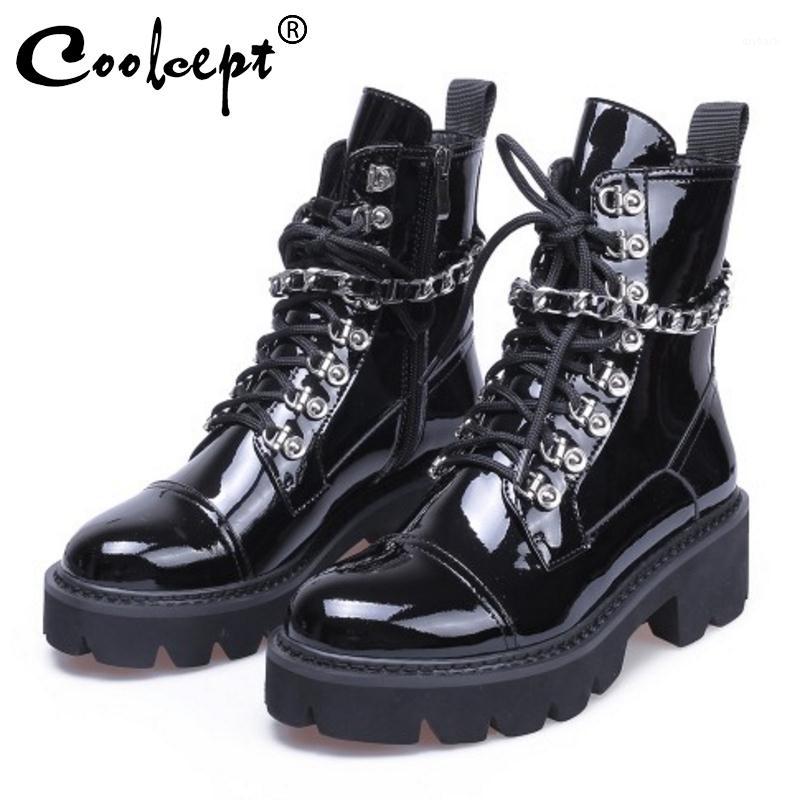 

Coolcept Women High Heels Ankle Boots Winter Lace Up Patent Leather Platform Shoes Woman Gothic Boots Size 34-391, Black