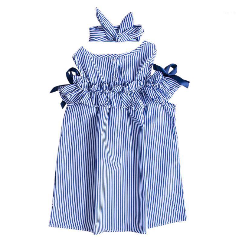 

2020 Fashion Sweet Lovely Summer Dress Toddler Baby Girls Off Shoulder O-Neck Bow Blue Striped Straight Mini Dress Outfit Party1, As pic
