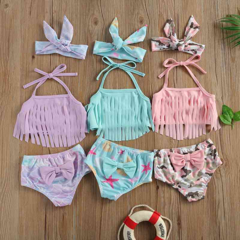 

Summer Swimsuit Baby Girl Sling No-sleeve Tassels Split Hem Tops Fast Dry Cartoon Printed Shorts Beach Clothes 0-3t, White