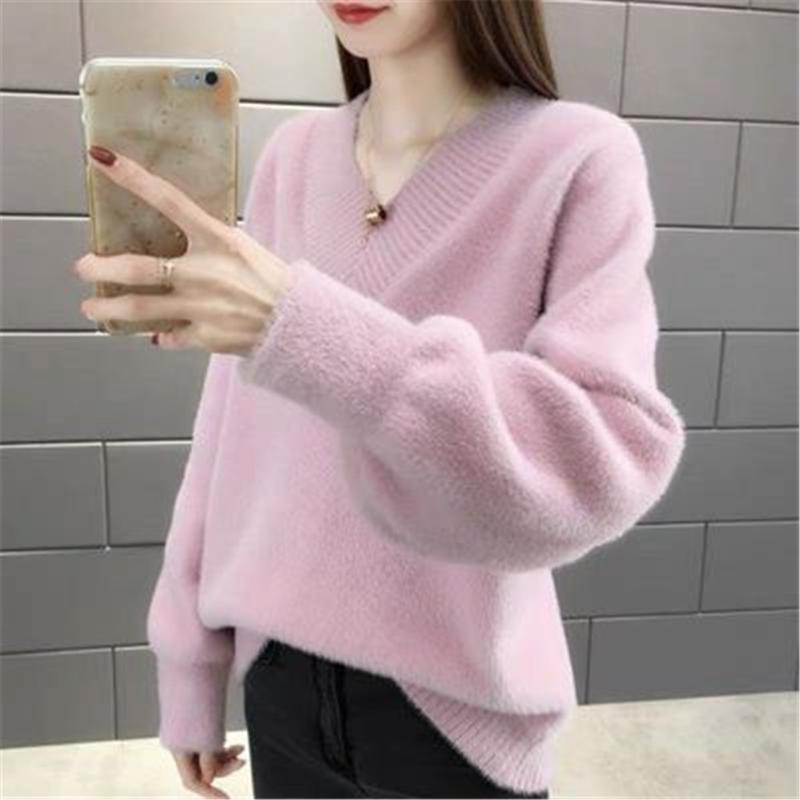 

Women's Sweaters Women Winter V-neck Thick Pullovers Fake-mink Cashmere Womens Elegant Slim Trendy All-match Korean-style Casual ZY5129, White;black