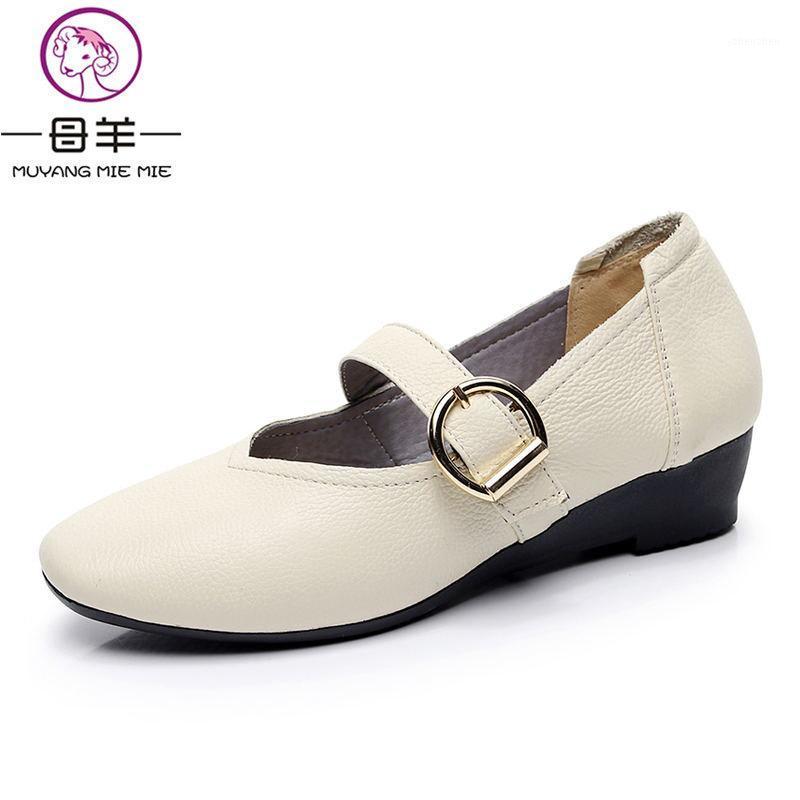 

MUYANG Women Shoes 2020 Women Wedges Shoes Spring And Autumn Genuine Leather Platform Wedges Fashion Mary Janes1, Beige
