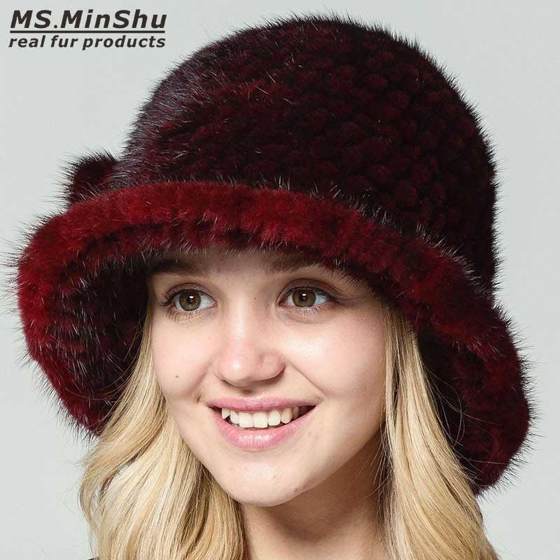 

Ms.MinShu Genuine Hat Hand Knitted 100% Real Cap Winter Warm Hat Fashion Lady's Cap Women, Black