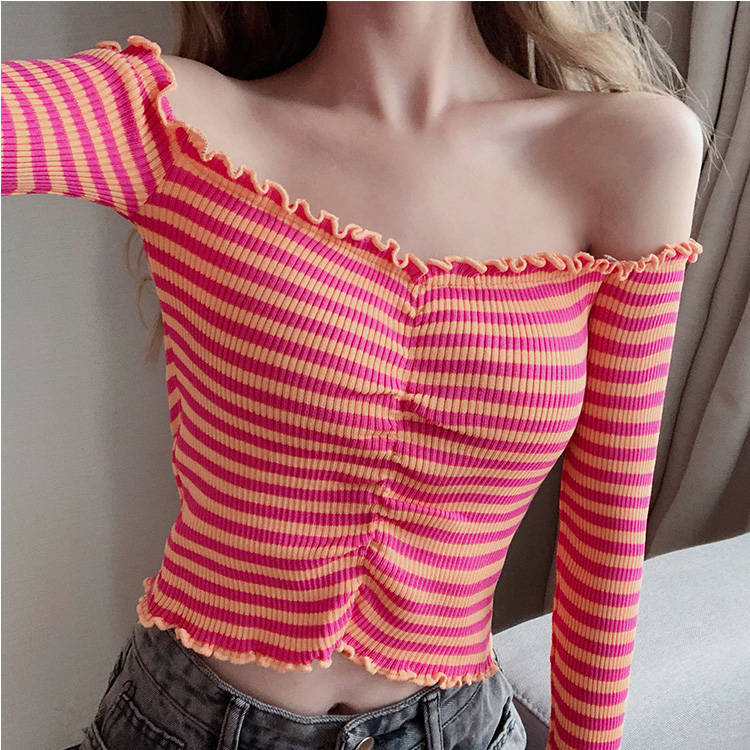

2021 New Female Fashion Autumn Winter Off the Shoulder Ruched Cotton Harvest Sweater Sexy Ladies Long Striped Shirts Pullovers DDUQ, Yellow