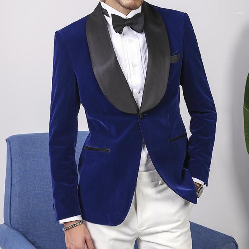 

Men's Suits & Blazers Arrival Slim Fit Casual Men For Wedding Prom 2 Piece Man Set Velvet Blazer With White Pant Costume Homme Groom Tuxedos, As the image