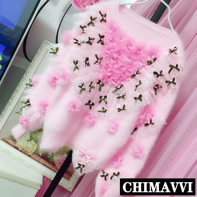 

Korean Trend Mesh Yarn Stitching Three-dimensional Handmade Flower Pink Knitted Sweater Girls Sweet Short Knitwear Loose Tops