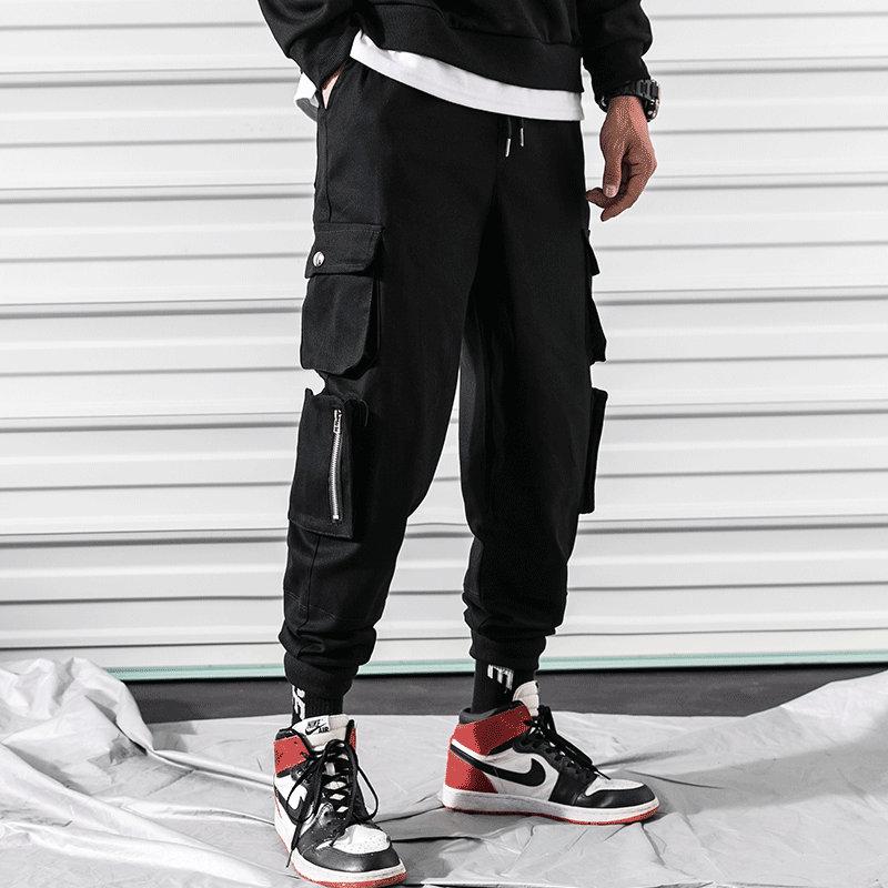 

Summer Side Zipper Pocket Men Hip Hop Pants Trousers Sweatpants Streetwear Men Joggers Track Casual Cargo Pants Style, Black