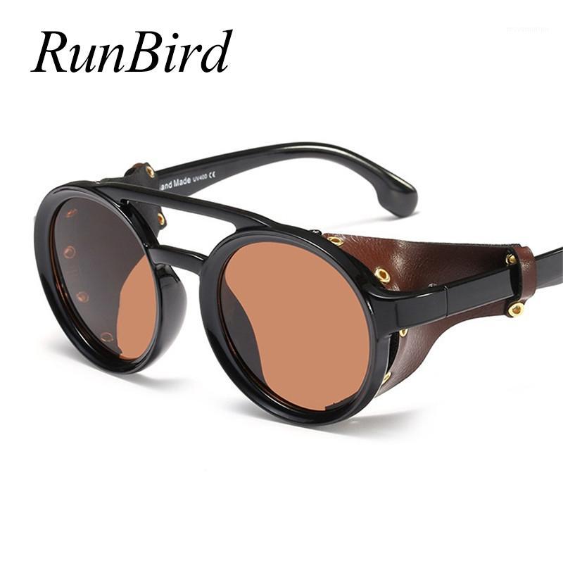 

2020 Vintage Punk Sunglasses Men Brand Design Brown Black Round Side Leather Sun Glasses for Women Luxury Unique Eyewear 53961