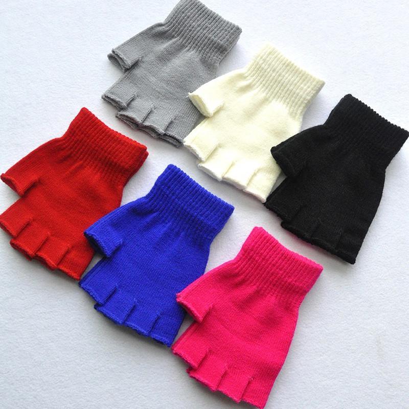 

New Children's Winter Gloves Cold Warm Acrylic Fingerless Gloves Solid Color1, Red
