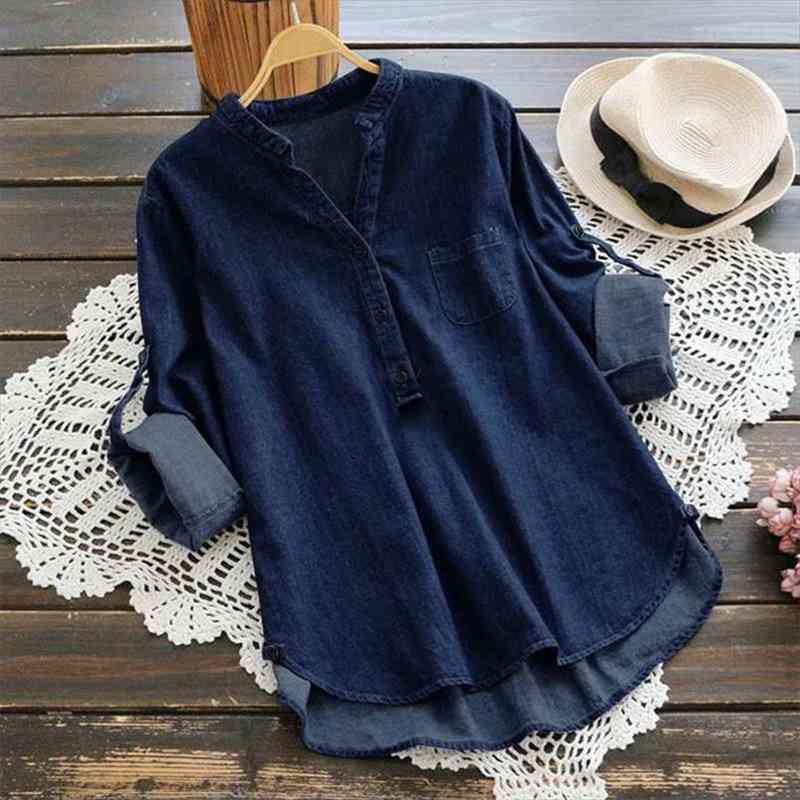 

Summer Tops Women Denim Blue Blouse Spring V Neck Long Sleeve Shirt Casual Loose Work Ol Blusas Femininas Tops, White