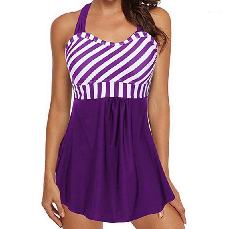 

Women Halter Sleeveless Striped Backless Two-piece No Swimsuit Regular Swimming Wear Summer Short Loose Yes1