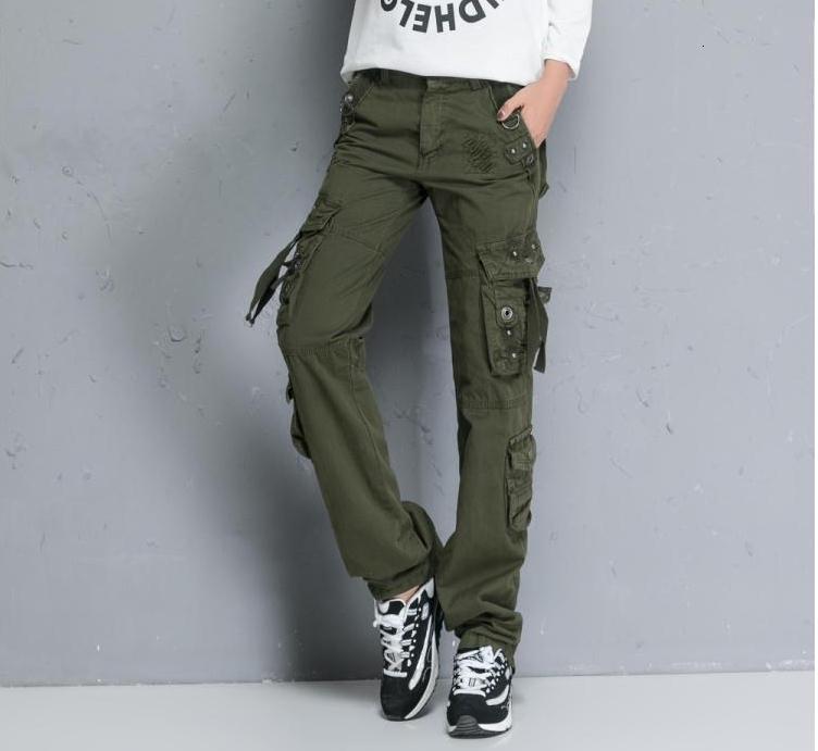 

Women Plus Size 100% Cotton Multi-pocket Straight Pants Wxvw, Army green.