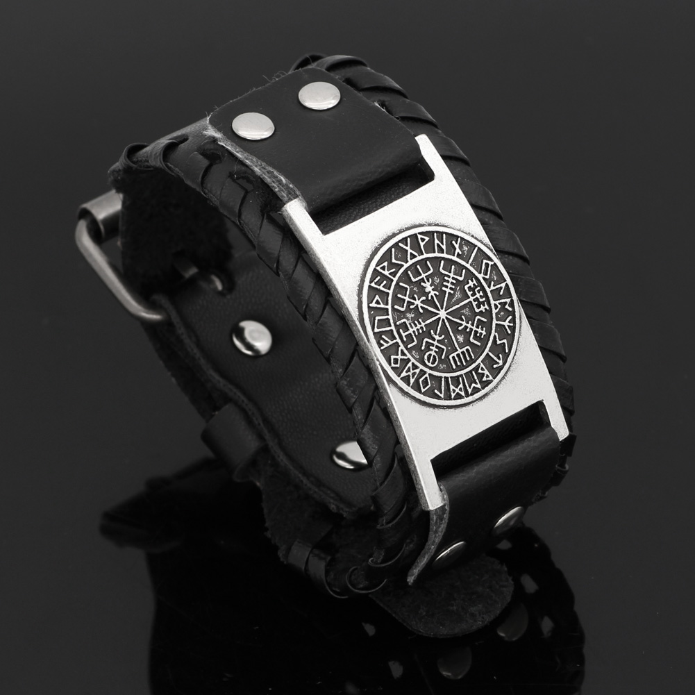 

Nodic viking Vegvisir Compass leather amulet odin symbol bracelet -adjustable size 19-25 cm