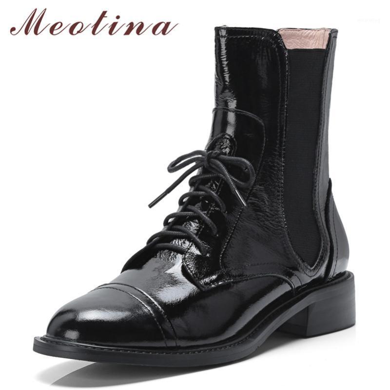 

Meotina Autumn Ankle Boots Women Natural Genuine Leather Chunky Heel Short Boots Fashion Lace Up Shoes Lady Black Spring Size 391