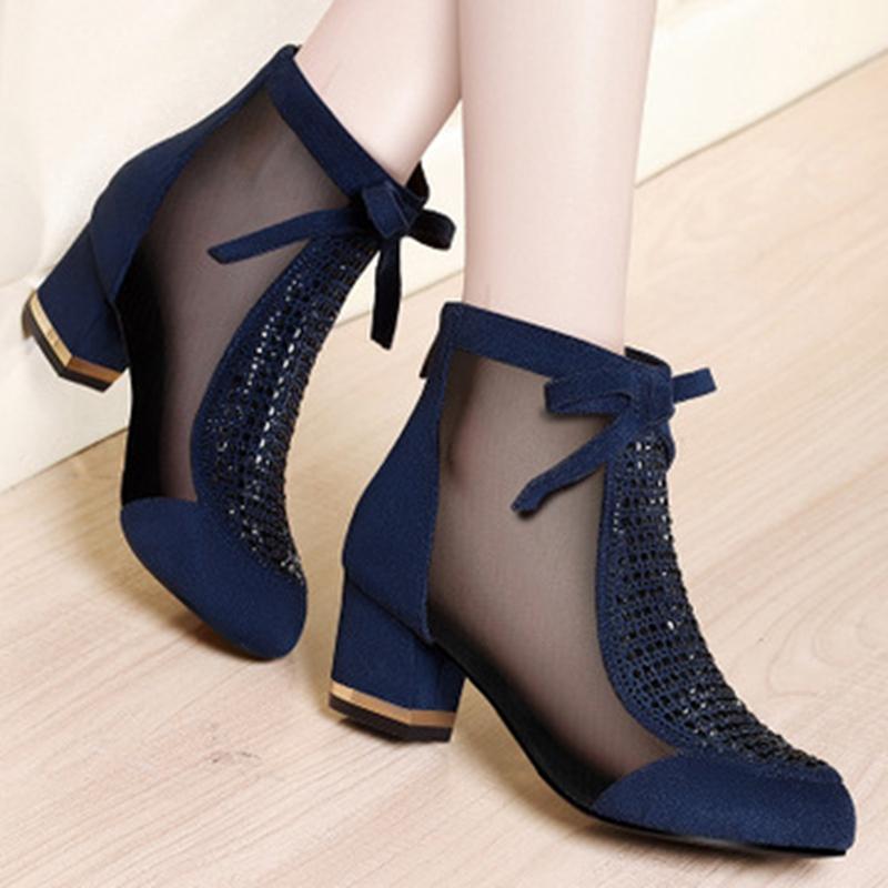 

2019 spring summer new European and American fashion casual mesh rhinestone net boots high heel boots women thick with sandals1, Black