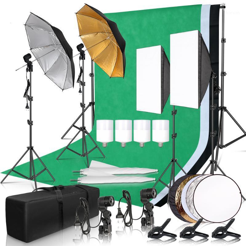 

Photography Photo Studio Softbox Lighting Kit With 2.6x3M Background Frame 3pcs Backdrops Tripod Stand Reflector Board 4Umbrella1