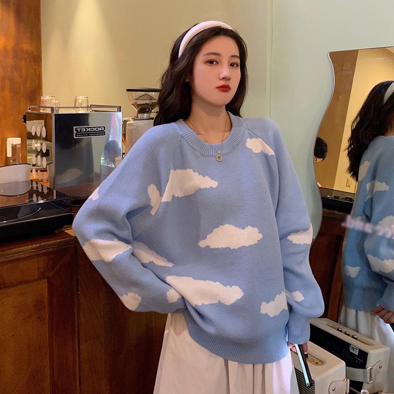

Autumn Women New Cute Clouds Print Knitted Sweater Female Loose Thin Fashion Pullover Sweaters, Black