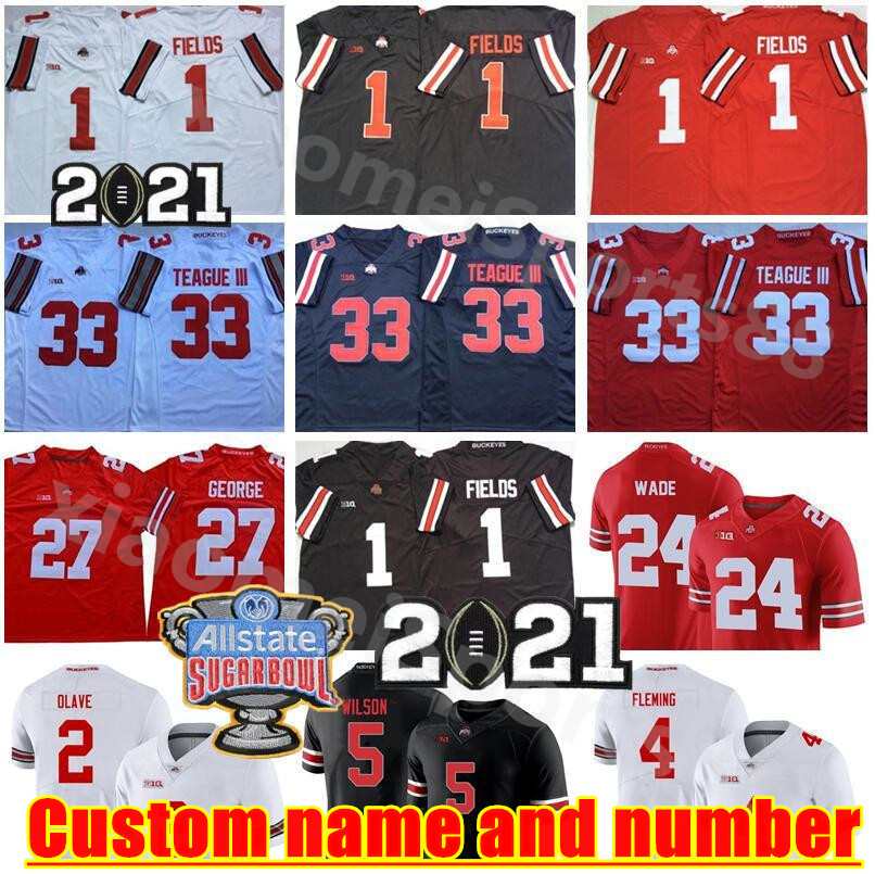 

NCAA Ohio State Buckeyes Football 5 Garrett Wilson Jersey 1 Justin Fields 2 Chris Olave 4 Julian Fleming Master Teague III Eddie George, As shown in illustration