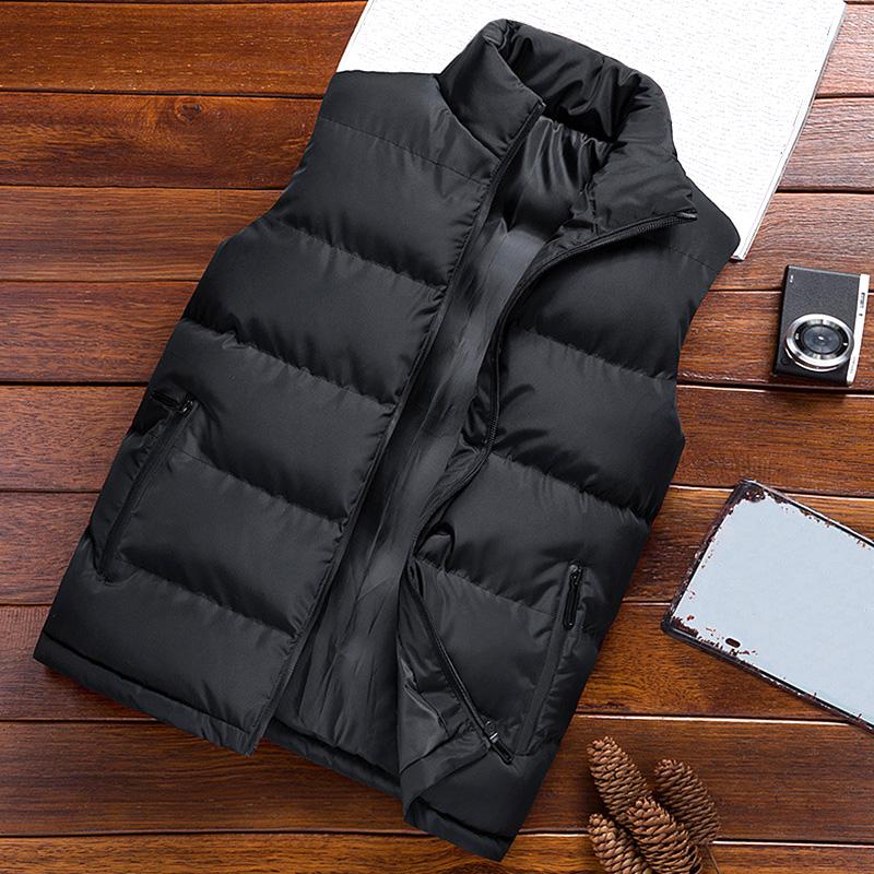 

Men's Down Cotton Vest Coat Winter Fashion Casual Warm Windproof Stand-Up Collar Sleeveless Zipper Jacket With Pockets Plus Size, Black