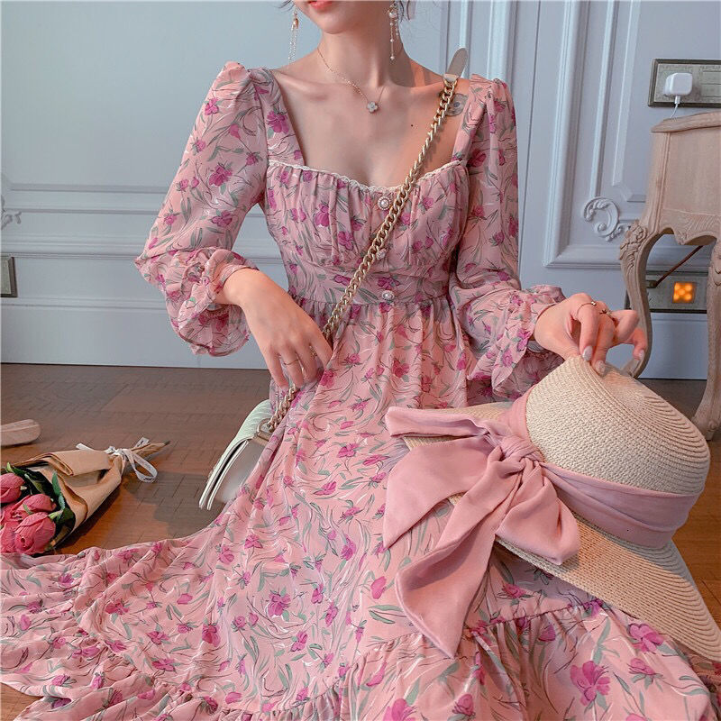 

2021 New Pink Elegant Floral Women Print Chiffon Party Midi Casual Korean Autumn Women's Clothing K1z1, Pink dress