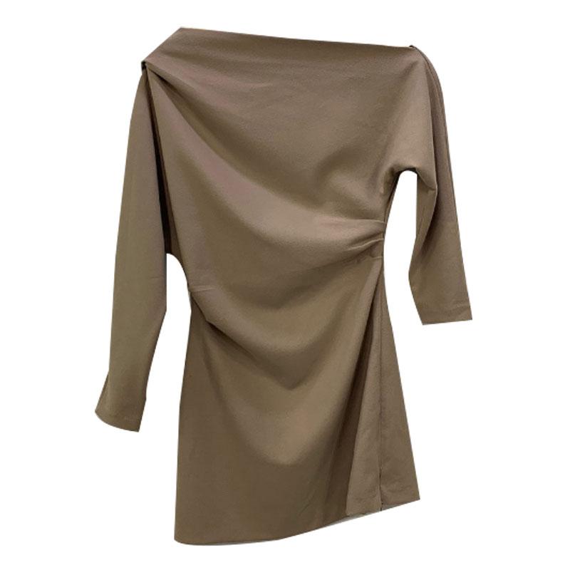 

PERHAPS U Women Spring Blue Khaki Slash Neck Long Sleeve Solid Ruched Elegant Mini Dress D2305