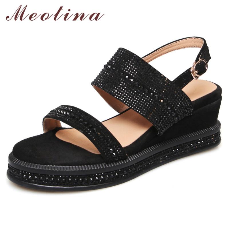 

Meotina Summer Sandals Shoes Women Kid Suede Rhinestone Wedge High Heel Shoes Real Leather Buckle Open Toe Sandals Lady Size 42, Black