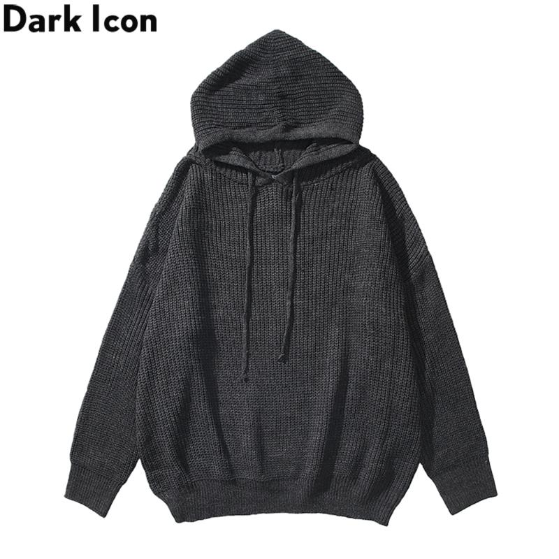 

Dark Pullover Sweater with Hoodie Plain Knitwear Basic Men's Sweaters, Black