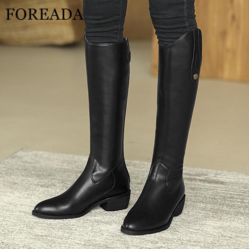 

FOREADA Real Leather Knee High Boots Women High Heel Western Boots Zipper Block Heel Long Pointed Toe Female Shoes Black, Black velvet lining