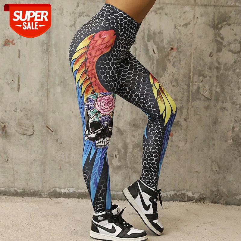 

CHRLEISURE Honeycomb Skull Fitness Leggings Solid Color Sexy Fashion Print Leggings Polyester Wings High Waist Women Legging #6r5r, Black;white