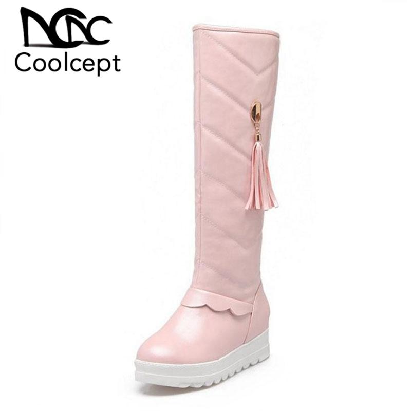 

CoolCept New Women Knee Boots Thick Fur Winter Women Shoes Tassels Inside Heels Warm Boots Fashion Ladies Shoes Size 34-43, Black