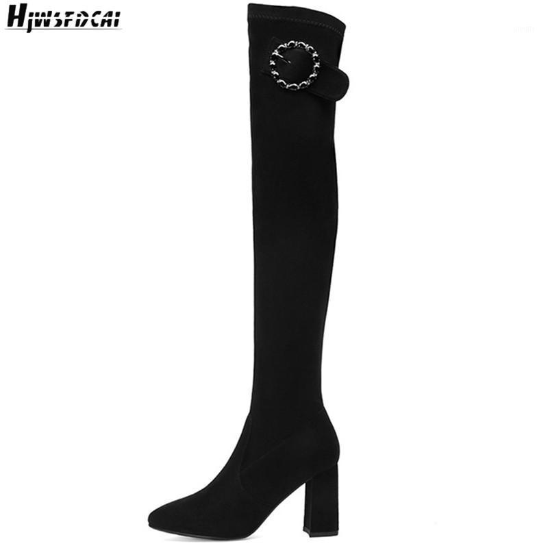 

Hjwsfdcai Rhinestone Decor Sexy Slip On Women Knee Boots Chunky Heel Round Toe Casual Ladies High Heel Shoes Winter Outdoor Shoe1, Black round decor