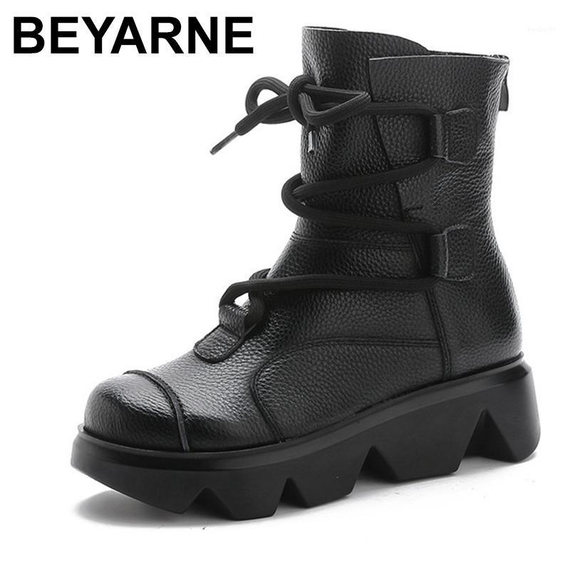 

BEYARNE2020Autumn Genuine Leather Women Fashion Casual Boots Female Back Zip British Style Lace Up Platform Mid-Calf Boots Women1, Black
